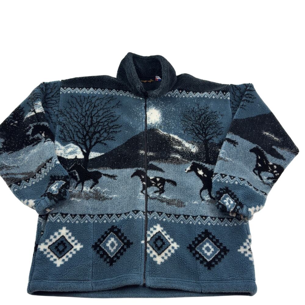 Vintage Cozy Plush Equestrian Horse Landscape Full Zipper Comfy Jacket Women's L